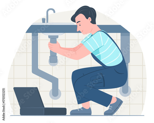 Plumber Worker Repairing the Water Pipes for Maintenance Work Service and Industrial Occupation Concept Illustration