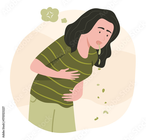 Sick Woman Vomiting Because of Stomachache for Abdominal Pain from Food Poisoning and Healthcare Concept Illustration