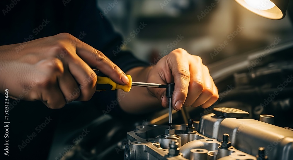 Naklejka premium Close-up hands repairing engine with screwdriver in automotive workshop
