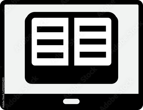 Icon of a tablet with an open book, signaling mobile reading, digital library and e-book app branding