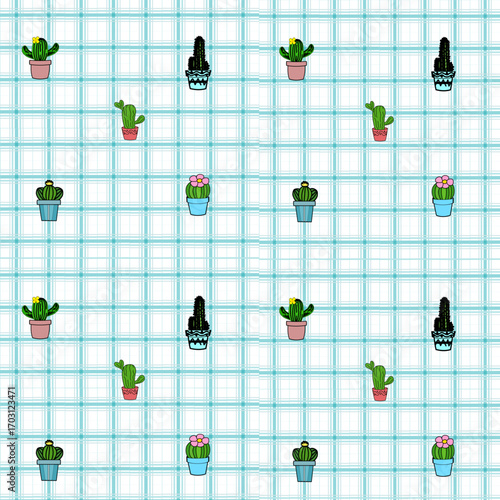 Cute Cactus on Gingham ,Scott ,Geometric seamless pattern. Texture from rhombus,squares for dress, fabric, paper,clothes,tablecloth.,net, grid.Copy space for your text and your business.