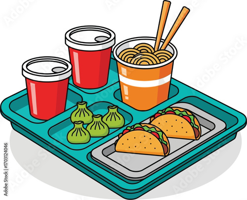 Cafeteria Lunch Tray Cartoon with Tacos, Noodles and Drinks Clipart Vector