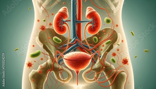 Urinary Tract Infection or UTI anatomy caused by bacteria as E coli with the kidneys ureters bladder and the urethra as Urethritis Cystitis Pyelonephritis and Ureteritis