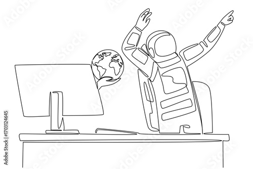 Single one line drawing hand of astronaut out of monitor screen while holds globe. Getting good news from earth. Feeling of enthusiasm. Things from Screen. Continuous line design graphic illustration