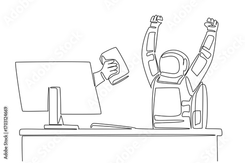 Single one line drawing hand of astronaut out of monitor screen while holding a thick book. Adventure book. Survival in space. Bookworm. Things from Screen. Continuous line design graphic illustration