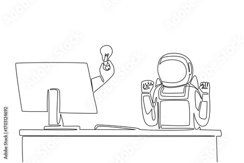 Continuous one line drawing hand of astronaut out of monitor screen while holding a bulb lamp. Get brilliant ideas about expeditions. Things from Screen. Single line draw design vector illustration
