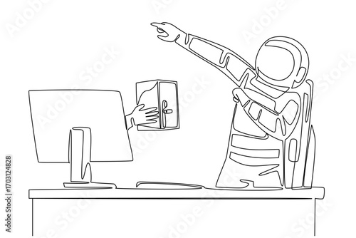 Continuous one line drawing hand of astronaut out of monitor screen while holding a safe deposit box. Confidentiality of the expedition. Things from Screen. Single line draw design vector illustration