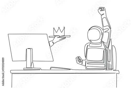 Continuous one line drawing hand of astronaut out of monitor screen while holding a crown. Legitimacy as the most successful astronaut. Things from Screen. Single line draw design vector illustration