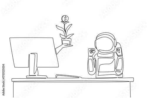 Single continuous line drawing hand of astronaut out of monitor screen while holds money tree with dollar coin fruit. Astronauts and investment. Things from Screen. One line design vector illustration