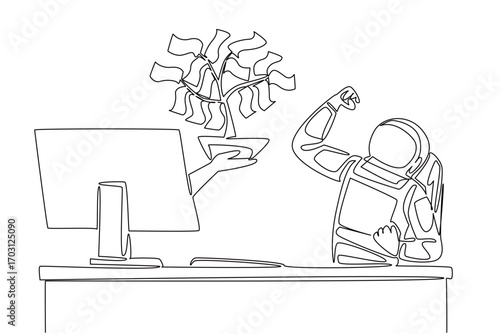 Continuous one line drawing hand of astronaut out of monitor screen holds money tree with leaves made of banknotes. Smart investment. Things from Screen. Single line draw design vector illustration
