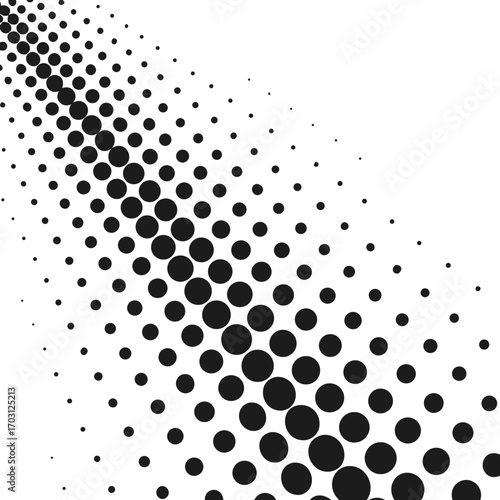 Vector art of abstract halftone pattern of black dots on a, creating a dynamic diagonal gradient effect