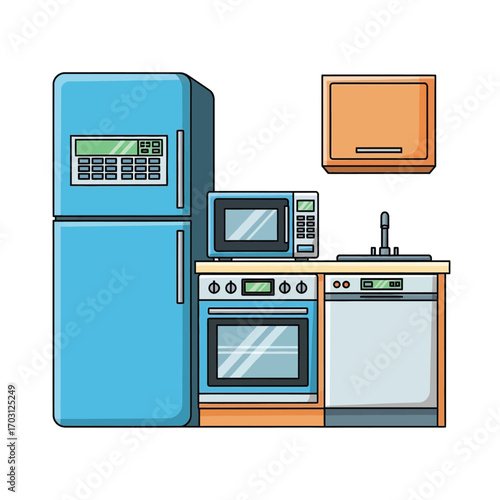 A cartoon illustration of a modern kitchen with a blue refrigerator, oven, microwave, dishwasher, and a cabinet.