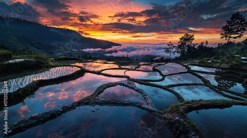 Stunning sunset reflecting in tranquil terraced rice paddies.