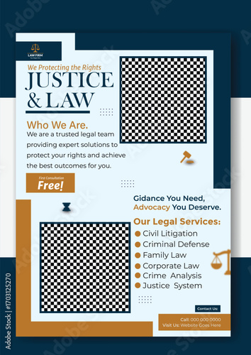 Attorney flyer template with lawyer signing document isolated on white background