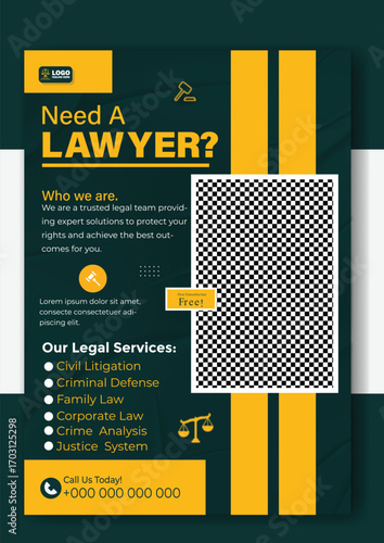 Need a lawyer flyer template for legal services isolated on white background