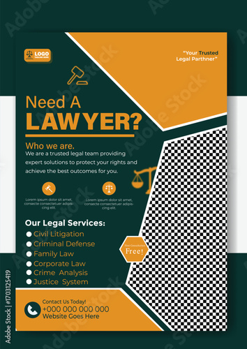 Need a lawyer flyer template for legal services isolated on white background