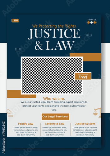 Attorney flyer template with lawyer signing document isolated on white background