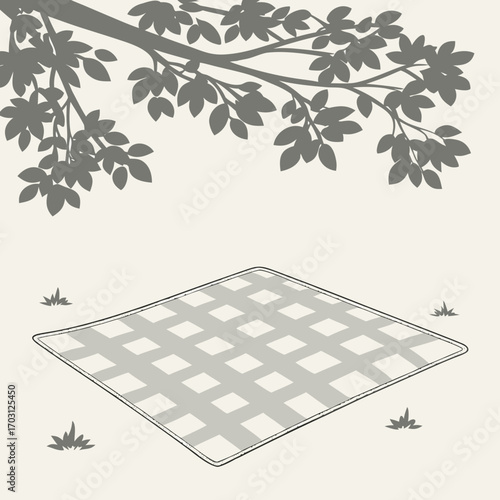 Vector art of a picnic blanket is laid out on the grass under a tree branch with leaves, suggesting an outdoor activity