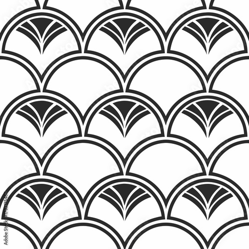 Vector art of art deco seamless pattern with geometric fan shapes and stylized feather elements, black and white
