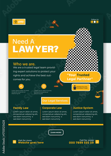 Need a lawyer flyer template for legal services isolated on white background