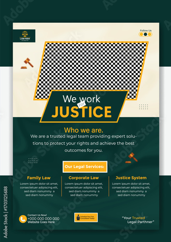 We work justice flyer template for legal services isolated on white background