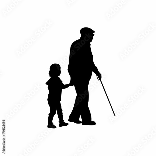 Child guiding blind grandfather across a road