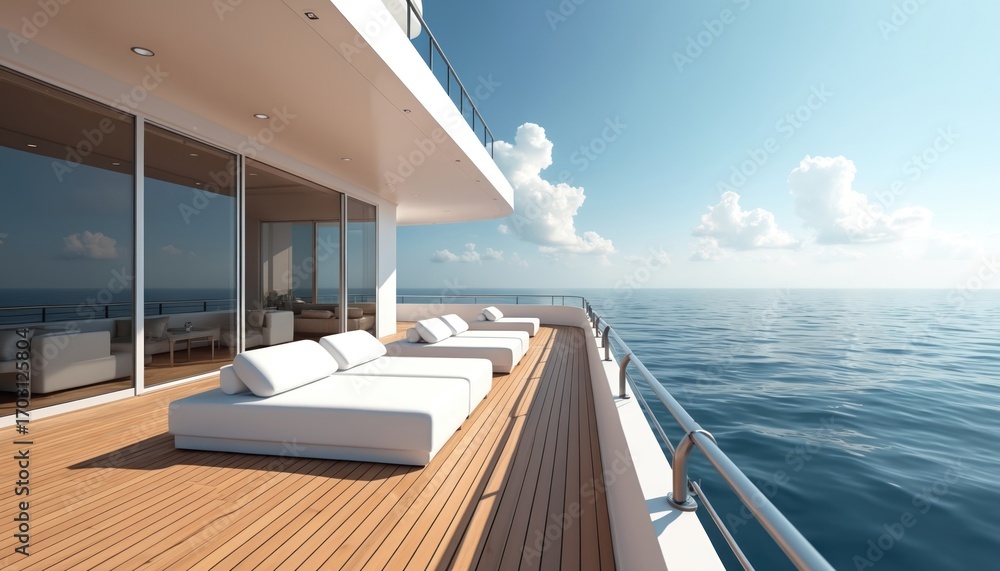 Fototapeta premium Minimalist yacht deck with wooden flooring and modern furniture offers infinity sea view. Empty white lounge beds face calm ocean under clear blue sky with scattered clouds.