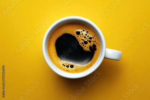 Top view white coffee cup handle yellow background image