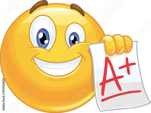 Happy smiling emoji holding A plus grade paper, success achievement concept, excellent exam result, proud student emoticon, flat vector illustration
