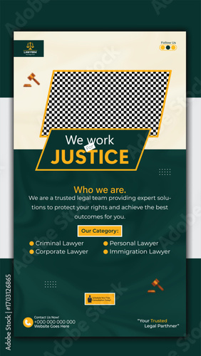 Justice social media story post template design for law firm isolated on white background