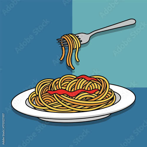 A plate of spaghetti with tomato sauce, with a fork lifting some strands.