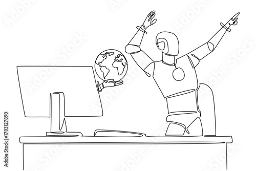 Single one line drawing hand of robot out of monitor screen holding a globe. Artificial intelligence connects continents. Wide network. Things from Screen. Continuous line design graphic illustration
