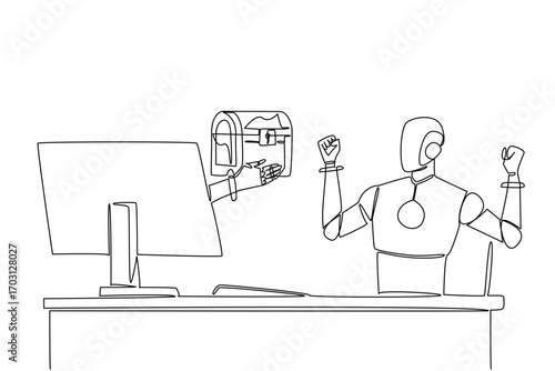 Single one line drawing hand of robot out from monitor screen holding a treasure chest. Antique objects and technological intelligence. Things from Screen. Continuous line design graphic illustration