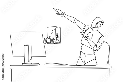 Single continuous line drawing hand of robot out from monitor screen holding a safe deposit box. The safest storage of smart robot programming. Things from Screen. One line design vector illustration