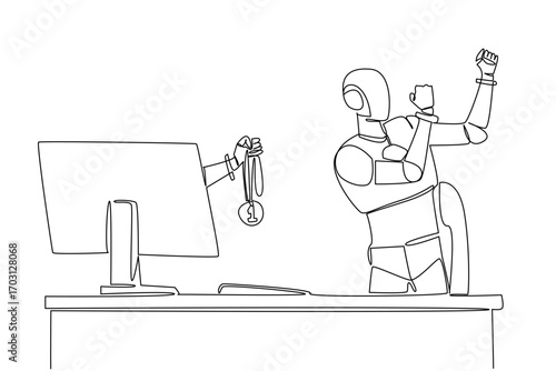 Single continuous line drawing hand of robot out of monitor screen while holding a medal. Awards from the highest technology. Smart robot. AI. Things from Screen. One line design vector illustration