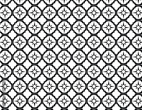 Geometric Star Pattern: A striking black and white pattern featuring a geometric design, repeating a stylized star motif to create a seamless texture and visual impact. 