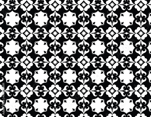 Intricate Monochromatic Pattern: An elegant and artistic repeating design, with a balance of contrasting light and dark elements, showcasing ornate details and symmetry.