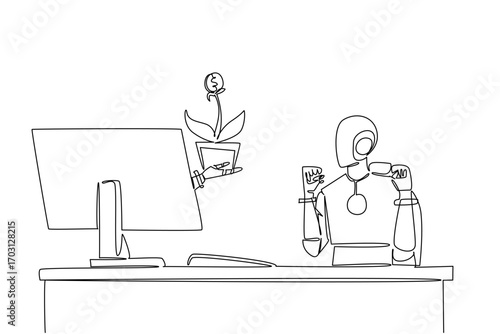 Continuous one line drawing hand of robot out of monitor screen while hold money tree with dollar coin fruit. Investment designer robot. Things from Screen. Single line draw design vector illustration