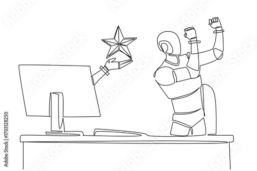Single one line drawing hand of robot out of monitor screen while holding a star shape. Programmed to always give the best. High tech. Things from Screen. Continuous line design graphic illustration