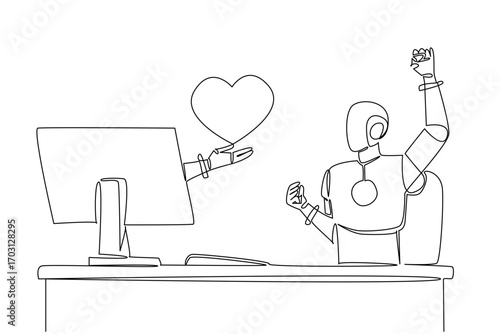 Single continuous line drawing hand of robot out of monitor screen while holds love. Artificial intelligence generates feelings from the heart. Things from Screen. One line design vector illustration
