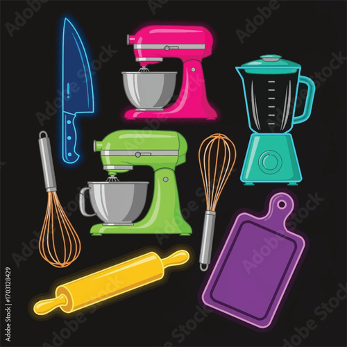Neon kitchenware and baking tools on black background.