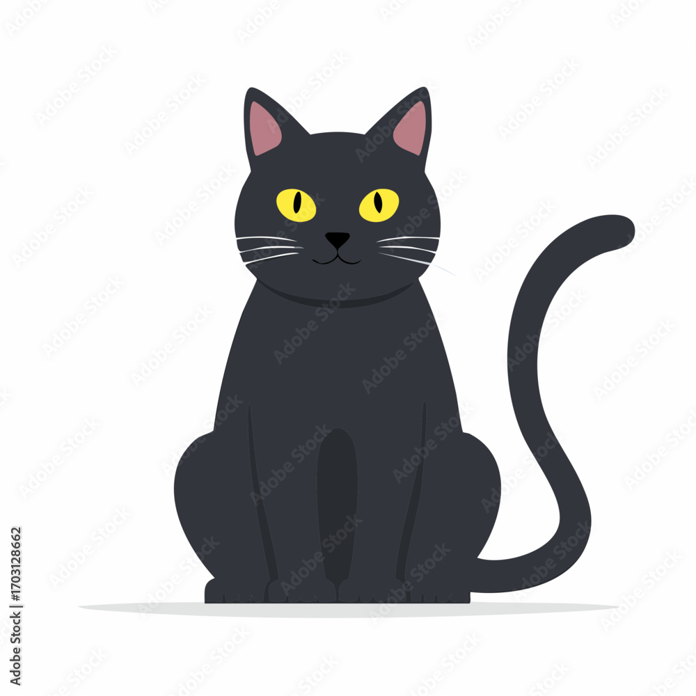 Fototapeta premium Black Cat Illustration Simple Feline Design with Yellow Eyes and Curled Tail