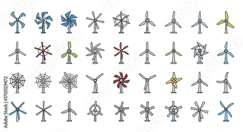 A diverse collection of stylized wind turbines, showcasing various designs and blade configurations, presented in a grid format against a neutral background.