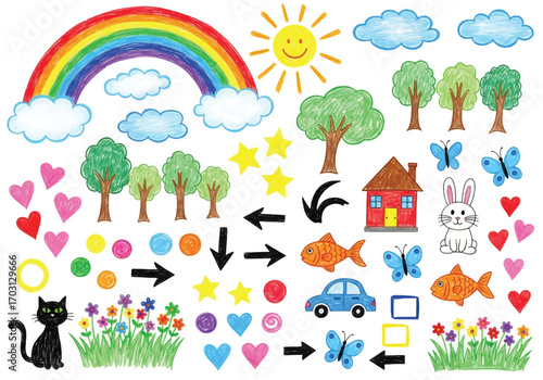 Adobe illustrator artwork vector illustration. A vibrant collection of childish doodles: a rainbow, flowers, sun, moon, kids, animals, and household objects