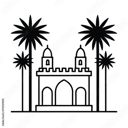 Historical palace gate surrounded by palm trees vector line art on white background