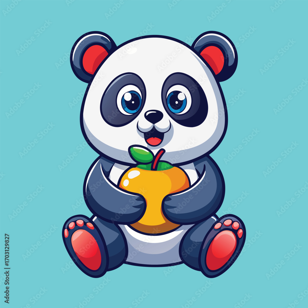Fototapeta premium cute-panda--eating-apple-cartoon-vector-icon-illus.eps