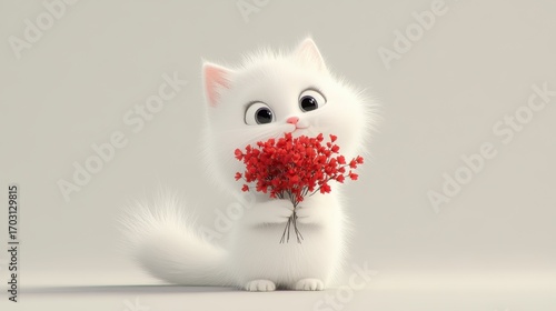 super cute baby white pet cute cat, cat smile, shiny white fluff, bright big eyes, fluffy tail, holding a bunch of red flowers in hand, smile, delicate and delicate,
