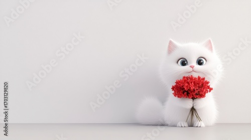 super cute baby white pet cute cat, cat smile, shiny white fluff, bright big eyes, fluffy tail, holding a bunch of red flowers in hand, smile, delicate and delicate,