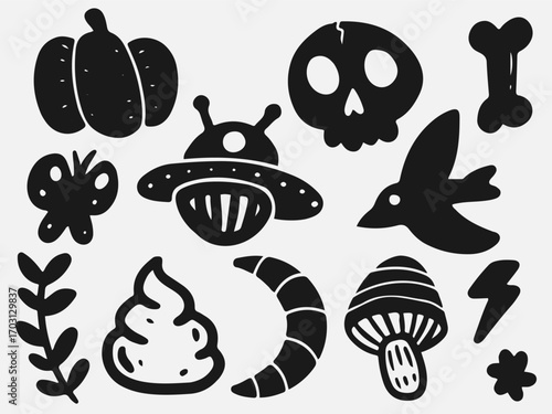 set halloween doodle drawing skull bone butterfly moon slime poop leaf leaves pumpkin mushroom thunder star alien ufo bird raven
