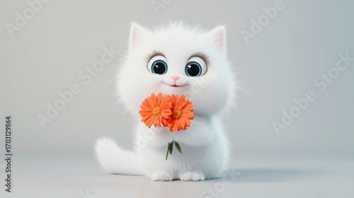 super cute baby white pet cute cat, cat smile, shiny white fluff, bright big eyes, fluffy tail, holding a bunch of red flowers in hand, smile, delicate and delicate,